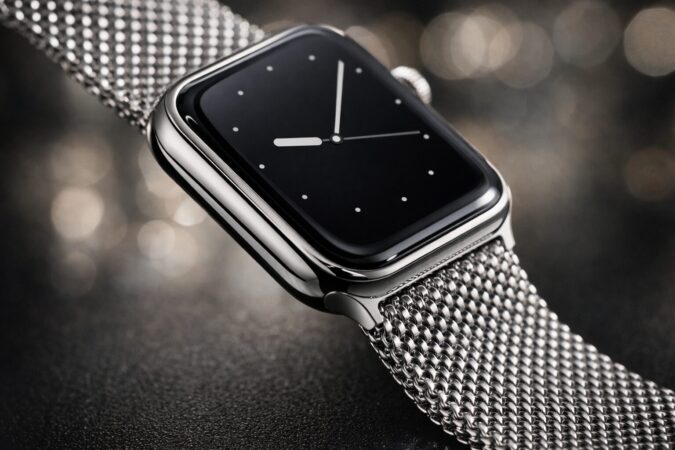 ミラネーゼ風メッシュバンドで高級感を出すスマートウォッチのクローズアップ