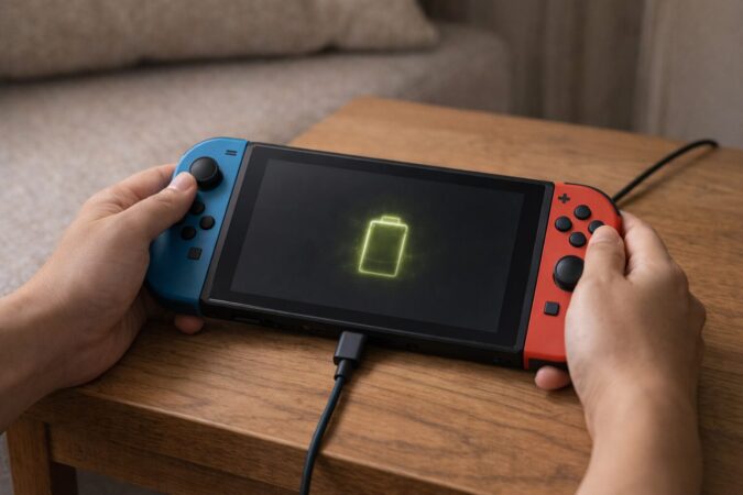 電池切れに近いSwitch風ゲーム機を充電しながら回復を待つ手元