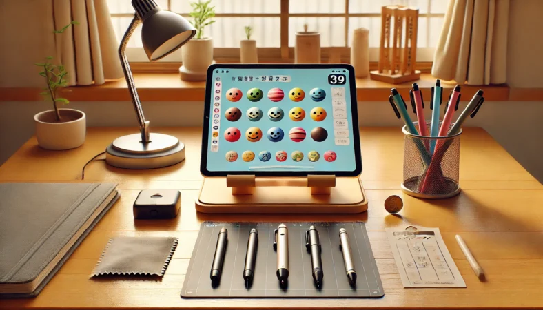 100均タッチペンが向く条件（タップ中心・応急処置）と向かない条件（細字の書き取り・誤反応）を机上の道具でイメージ化した比較シーン