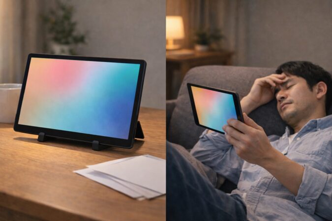 12インチ級は据え置き向きで、持ち運びや寝転び視聴だと重さが効く比較イメージ