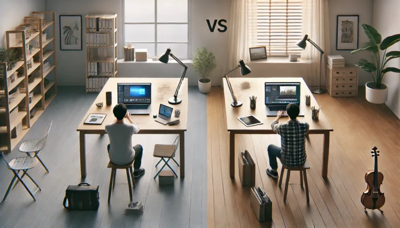 14インチと16インチのノートPCで作業性と携帯性を見比べる比較シーン