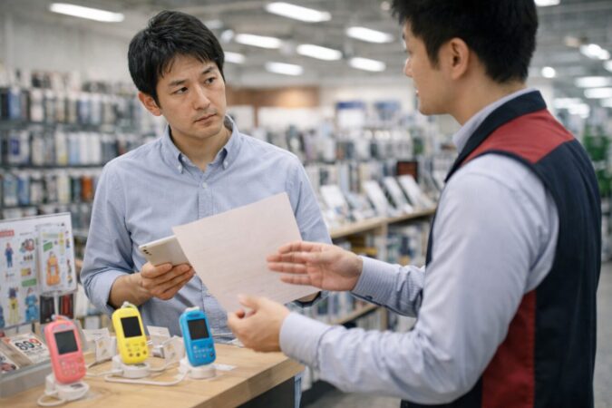 量販店で日本人の父親がキッズケータイの購入条件を確認する様子