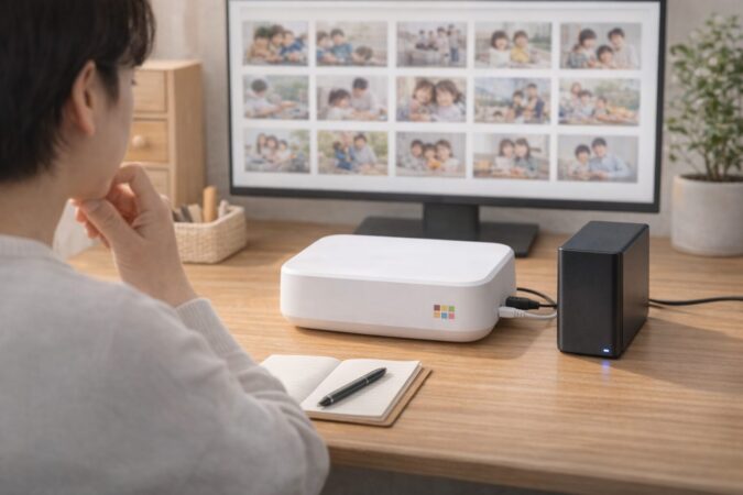 おもいでばこと外付けHDDを見比べながら容量選びをするイメージ