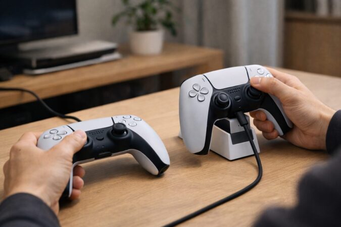 PS5 DualSenseを2台で運用し有線接続と切り替えを行う日本人の手元