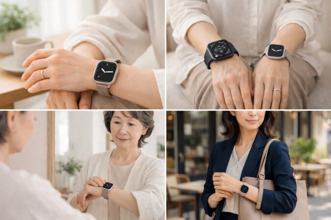 40代女性の服装に自然に馴染むスマートウォッチの着用イメージ