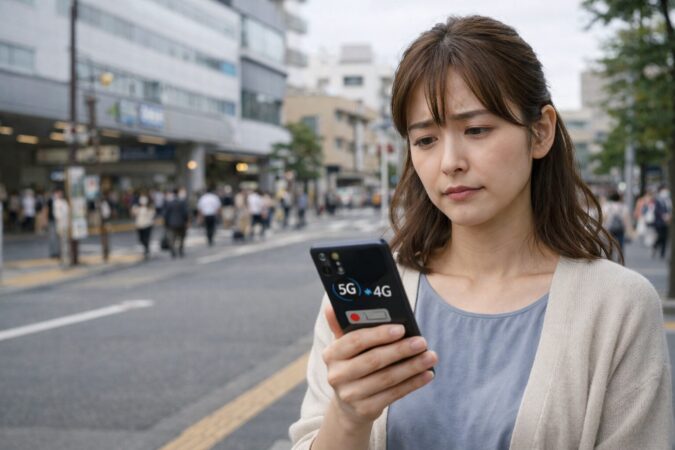 日本人女性が屋外でスマホの通信不安定や電池消耗の原因を気にしている様子