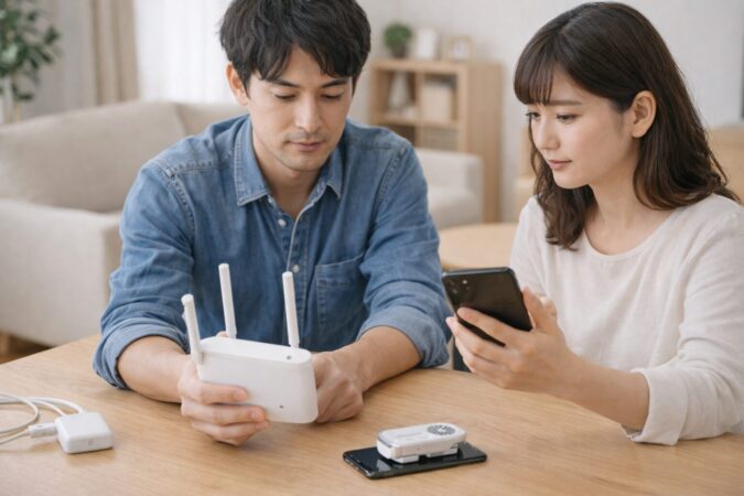 日本人夫婦が5G設定とWi-Fiや周辺機器の対策を一緒に見直している様子