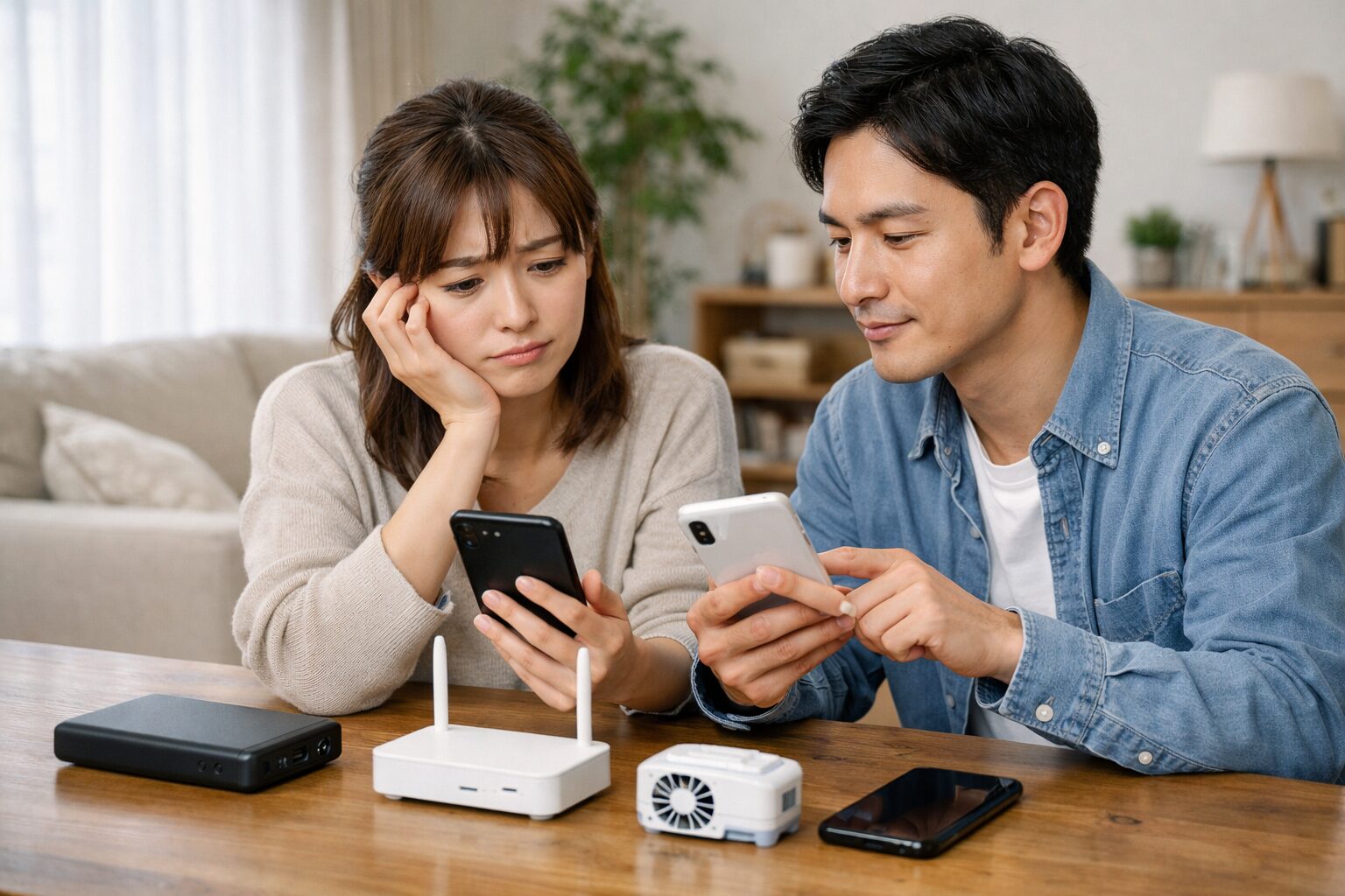 日本人女性が屋外でスマホの通信不安定や電池消耗の原因を気にしている様子