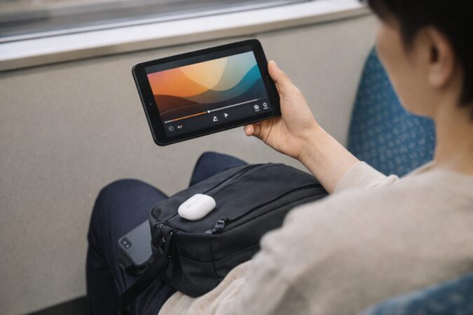 通勤中に片手で8インチタブレットで動画視聴する携帯性重視の利用シーン