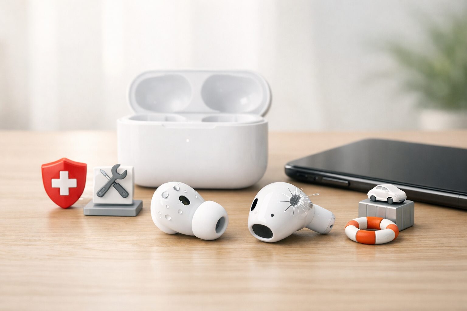 AirPodsの補償内容や注意点をイメージしたイヤホンとケースのビジュアル