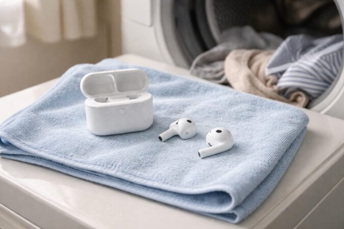 洗濯直後にワイヤレスイヤホン本体とケースを分けて乾いた布に置いた対処イメージ