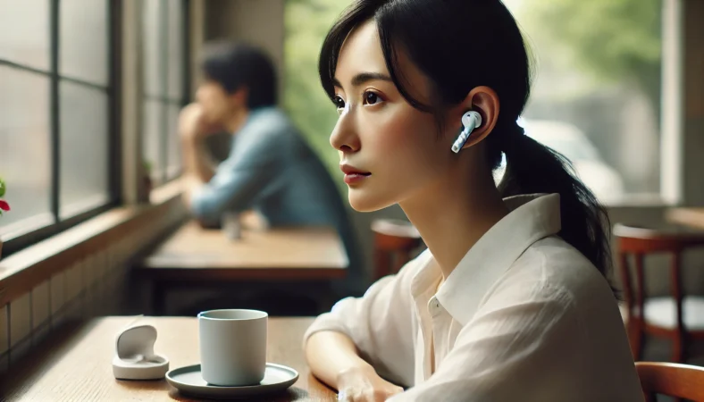 カフェでAirPodsの音漏れを気にしながら使用する日本人女性のイメージ