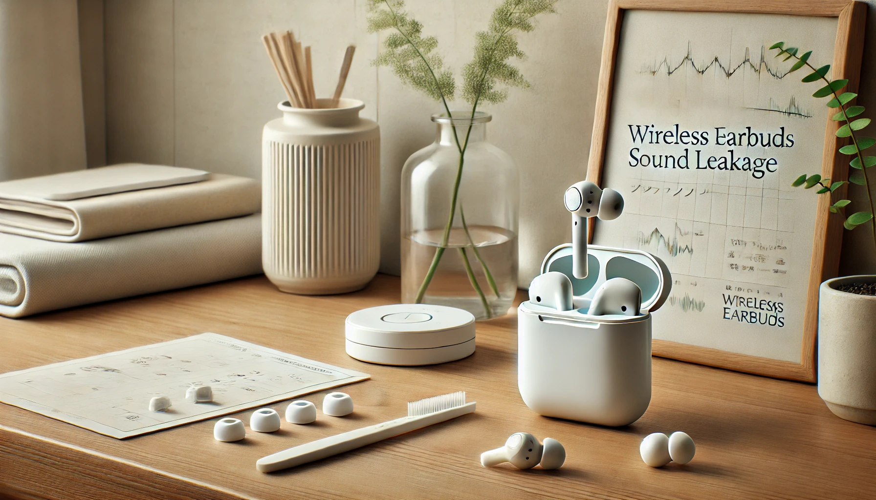 AirPodsの音漏れ対策を解説する記事トップ用のワイヤレスイヤホンと周辺アイテムの俯瞰イメージ