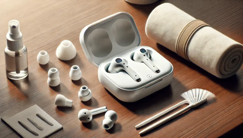 AirPodsの音漏れ対策として装着見直しや掃除を連想できる静物イメージ