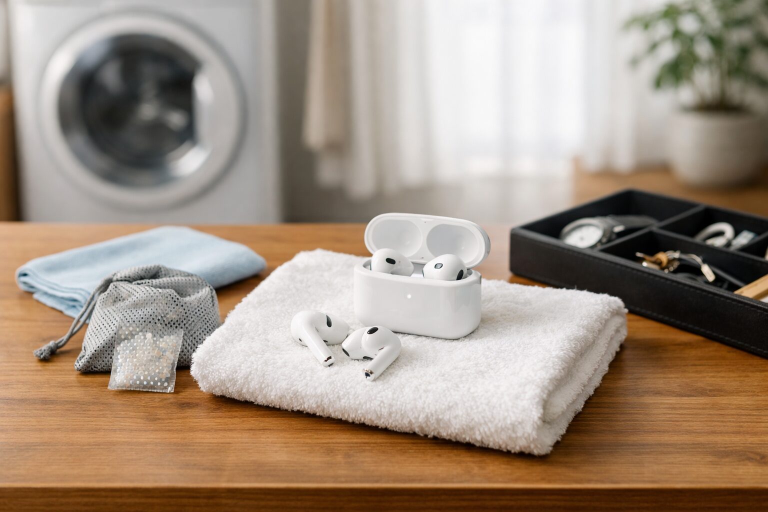 洗濯してしまったワイヤレスイヤホンの対処から乾燥・予防までをまとめて表したイメージ