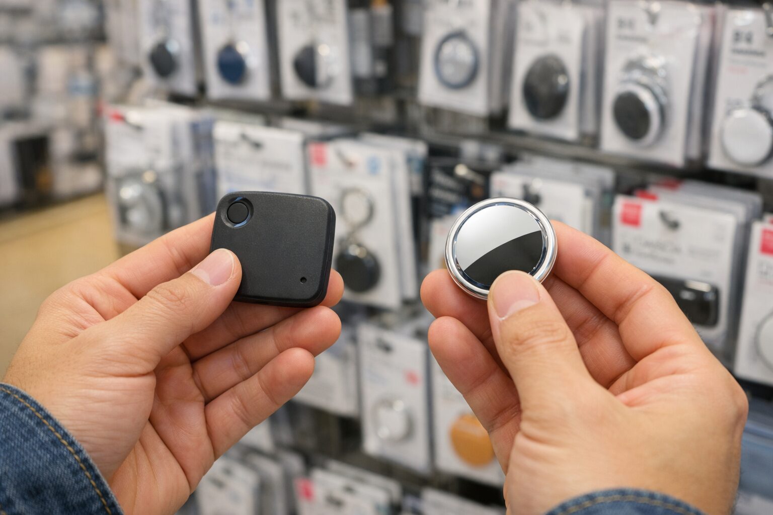 ダイソー店内でAirTag代用品の紛失防止タグを比較して選ぶ様子