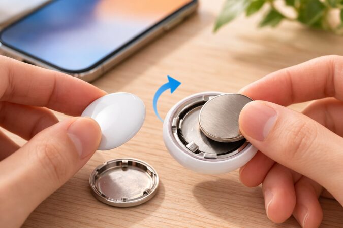 AirTagのカバーを開けて電池を外し、リセット手順を進める様子の16対9イメージ