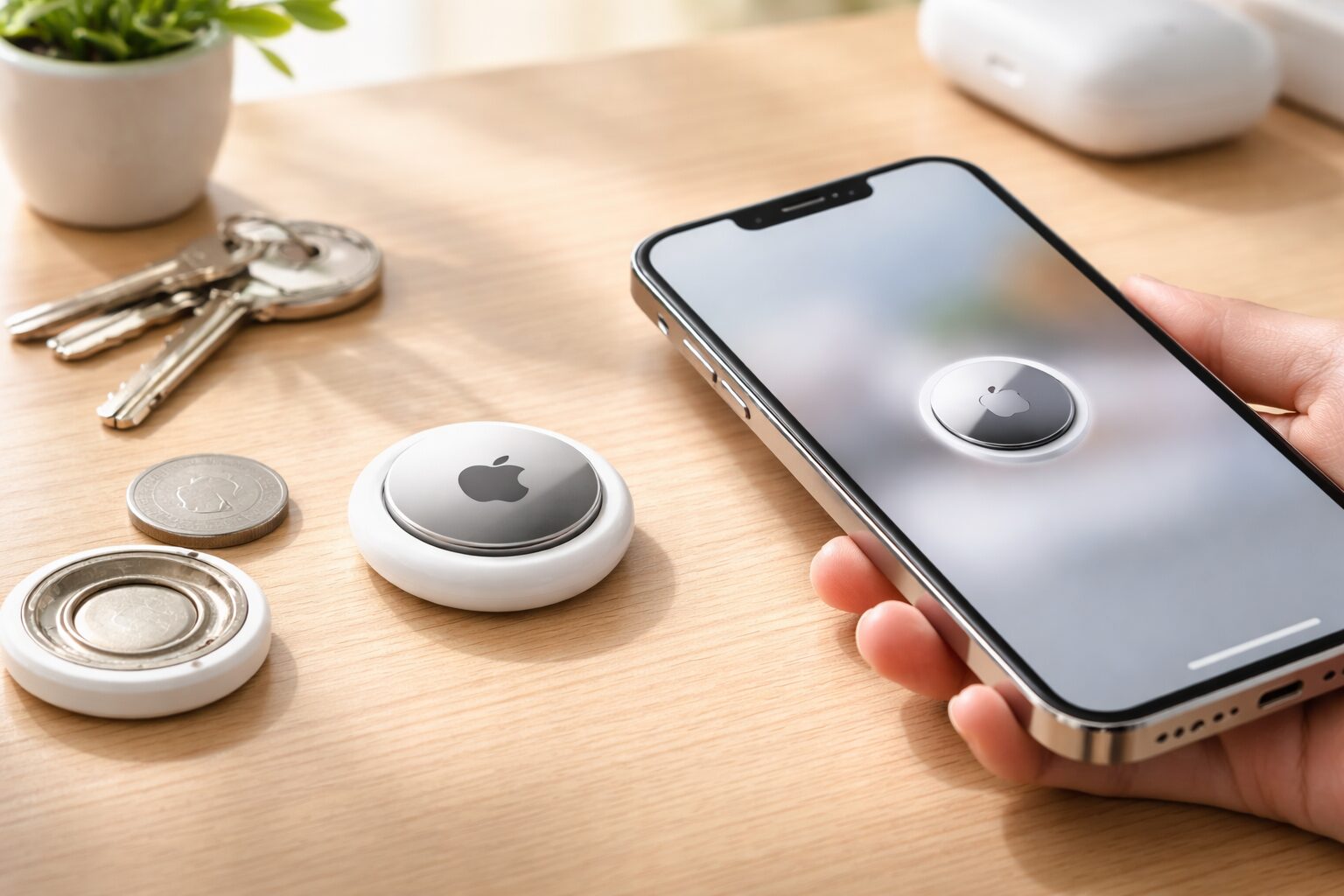 AirTagとiPhoneを机上に並べ、リセットから再登録までの流れをイメージできるワイド画像