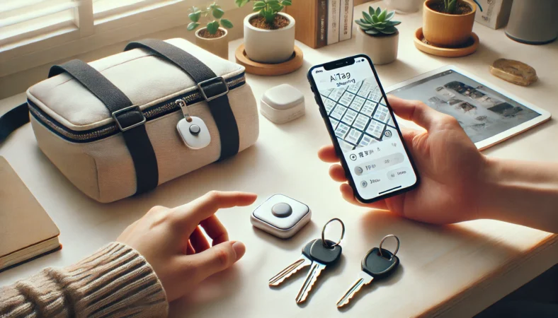 AirTag共有の基本を確認する日本人ユーザーとバッグ・スマートフォンのイメージ