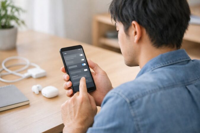 日本人男性がAndroidスマホで通信設定の切り替えを確認している場面