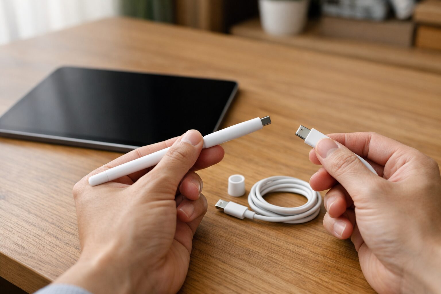 USB-C接続が必要なスタイラスとタブレットを購入前に確認する様子