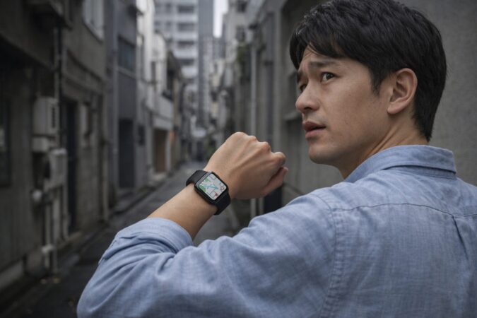 GPSモデルで通信がない状況になり、道順の再検索や迷いが起きやすい場面を表した日本の路地シーン