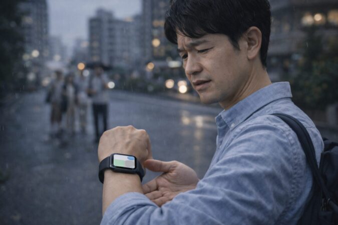 連絡手段をメッセージ中心に寄せると、時計だけ外出で不便が出やすい状況を表した日本人の困り顔シーン