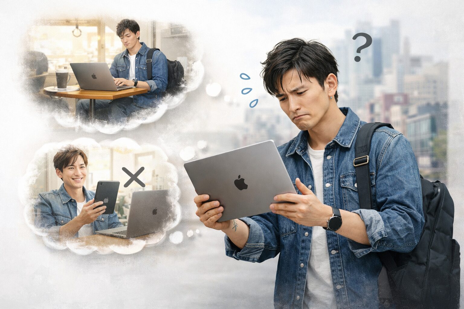 MacBook Air 15インチを自宅で快適に使う人と、外出先で大きさに悩む人を対比したイメージ