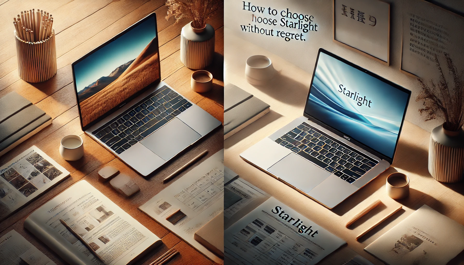 スターライトカラーの薄型ノートPCを木目デスク上で自然光とともに見せた、MacBook Airの色選び比較イメージ