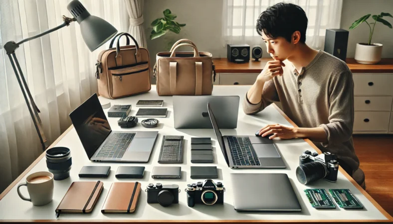 複数のノートPCやバッグ、カメラ、周辺機器を並べて比較しながら悩む日本人男性のデスク風景