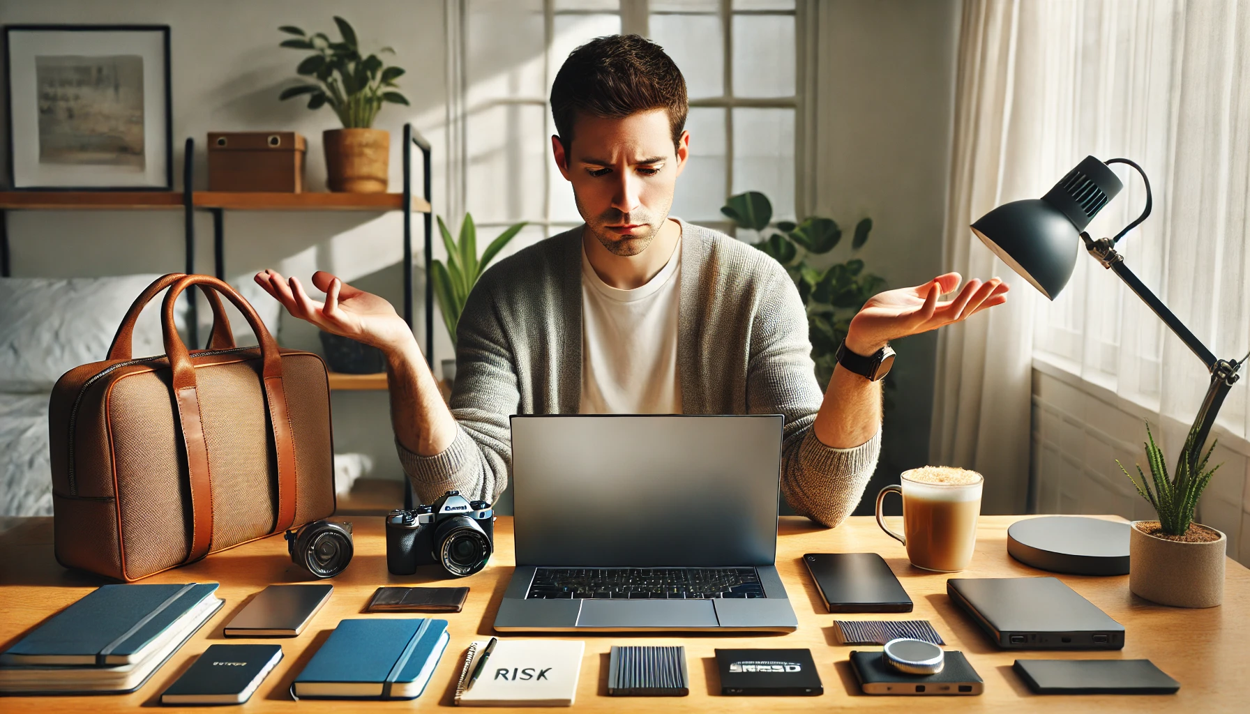 明るい部屋のデスクでノートPCとカメラ、手帳、周辺機器を前に購入を検討する男性のワークスペース