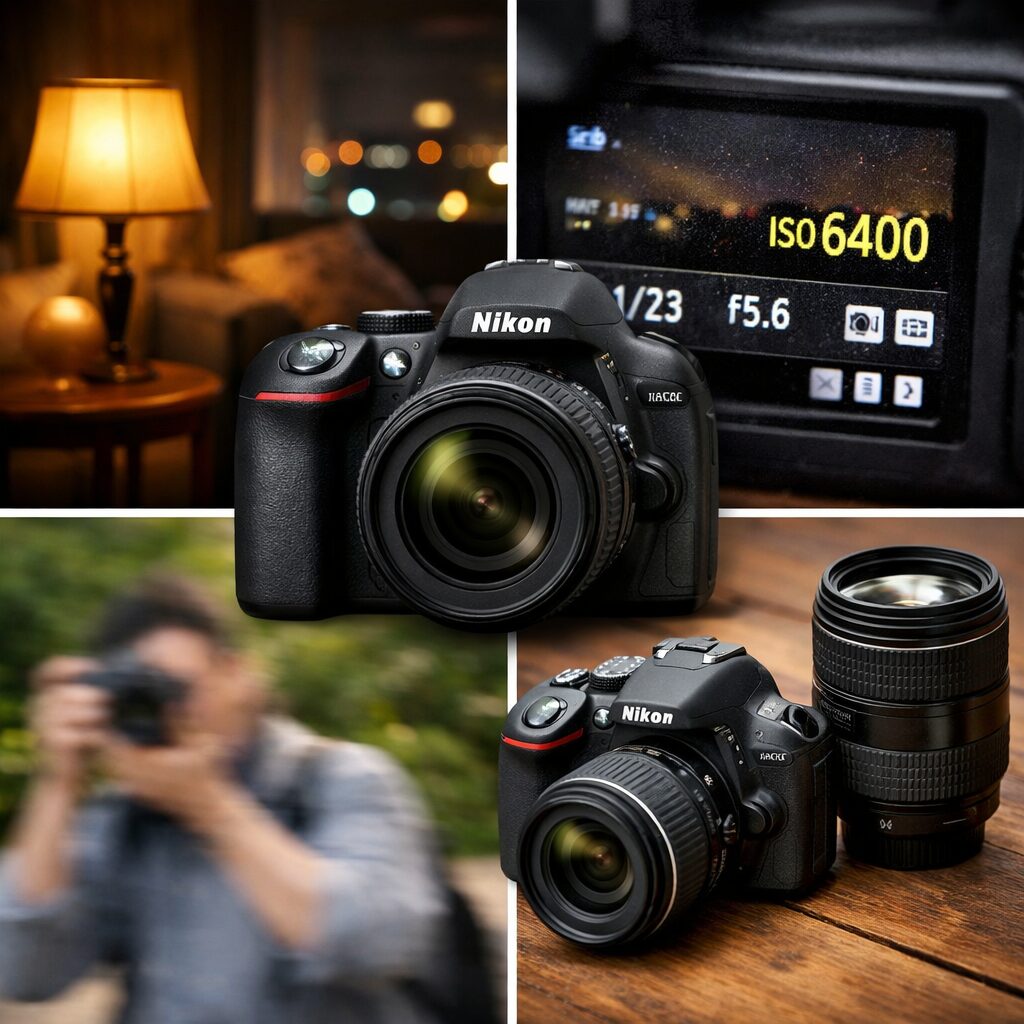 Nikon D5300で撮影結果が甘く見える原因として、暗所、高ISO、手ブレ、キットレンズを視覚的に示したイメージ