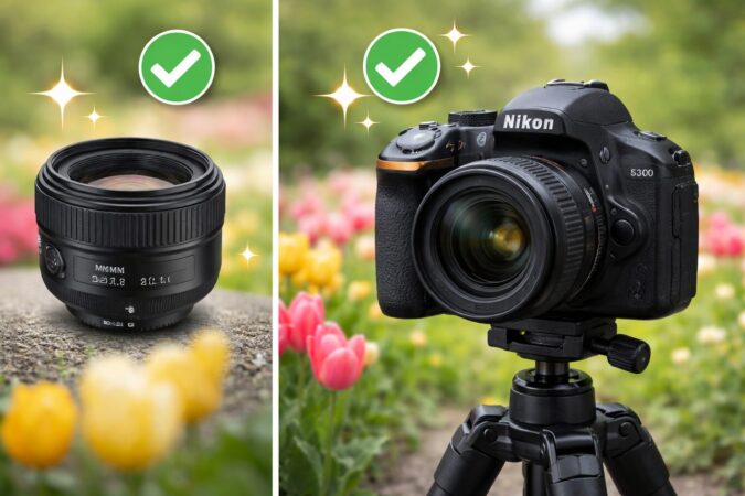 明るい単焦点レンズや三脚の活用でNikon D5300の写りが改善することを表現したイメージ