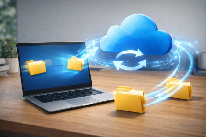 OneDriveの自動同期の原因をイメージしたクラウドとフォルダの概念図