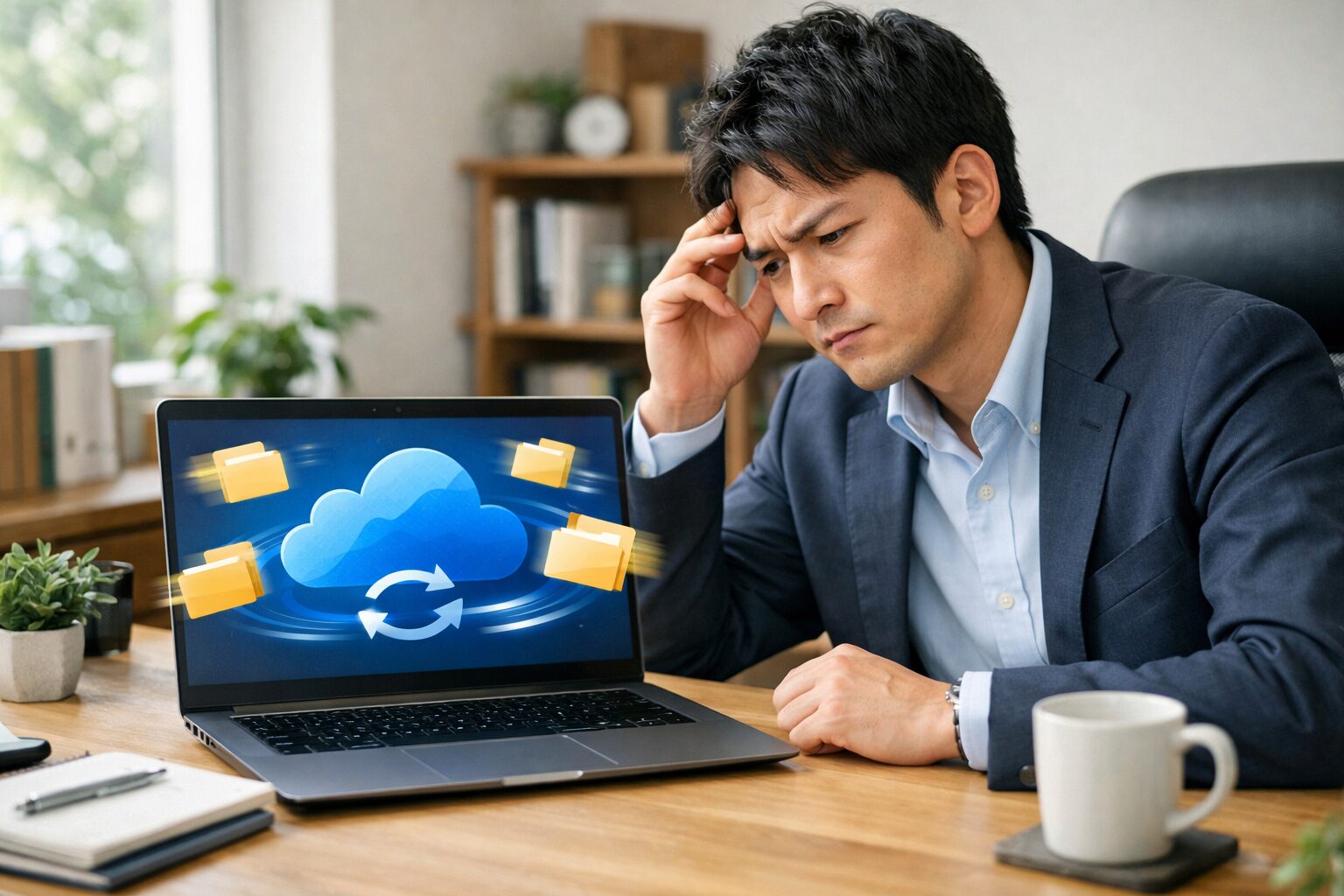 OneDriveの自動同期設定に悩みながらパソコンを確認する日本人会社員のイメージ