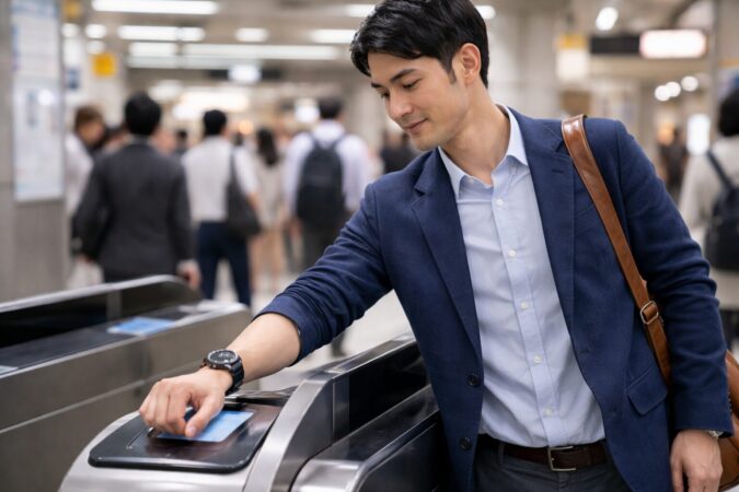 Pixel Watch3で改札を通るタッチ決済の便利さを表したイメージ