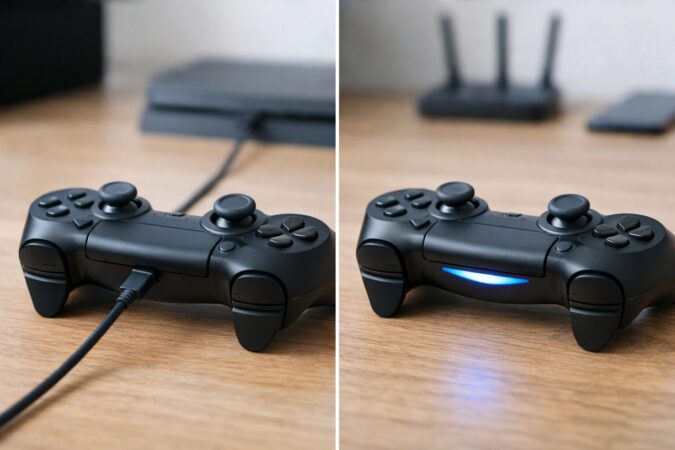 有線接続と無線接続を対比して原因切り分けを表現したPS4コントローラーの接続イメージ