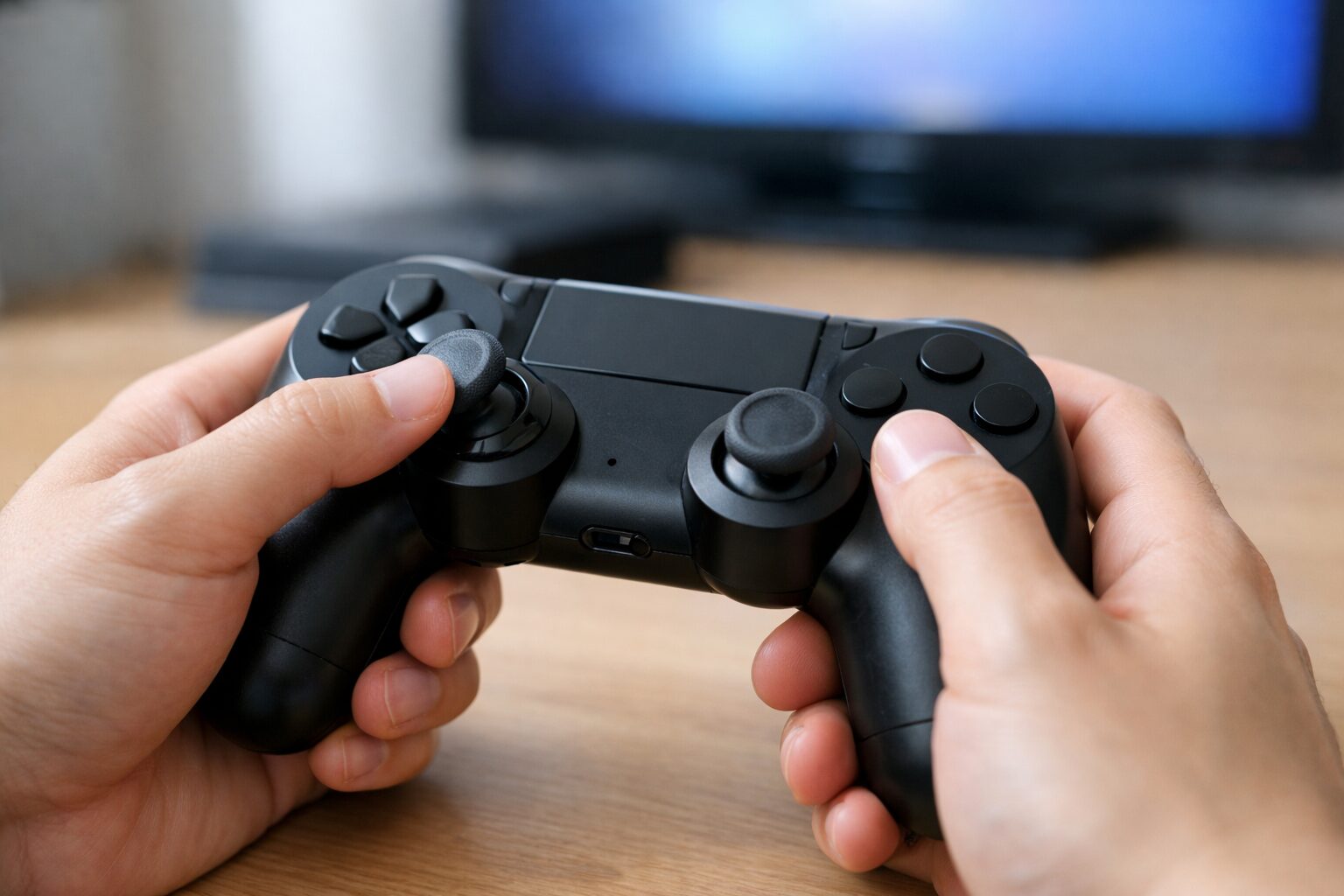 PS4コントローラーのスティックドリフトを示す、スティックが微妙に傾いた状態のコントローラー