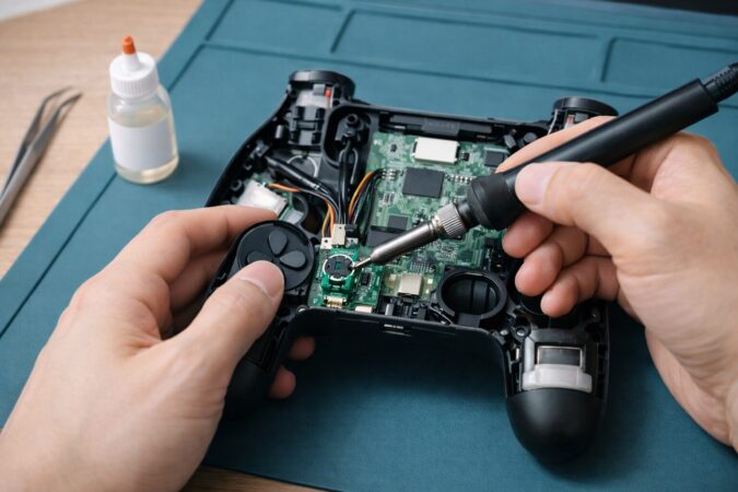 清掃で直らない摩耗タイプに対してジョイスティック交換修理を行う作業台のイメージ