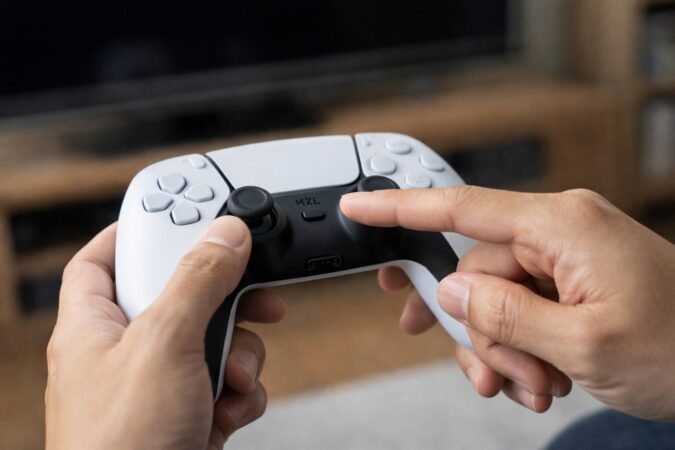 寿命の目安と原因を説明するための、スティック周辺を確認する日本人の手元写真