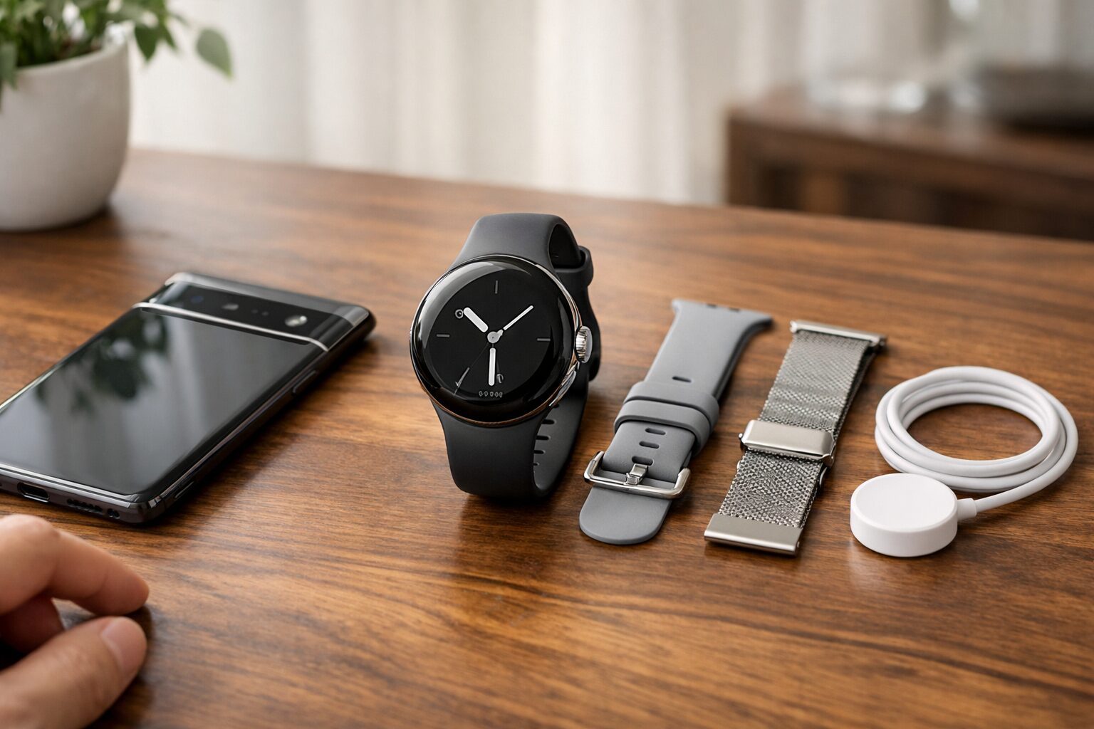 Pixel Watch3の本体と周辺アクセサリーを並べたレビュー導入イメージ