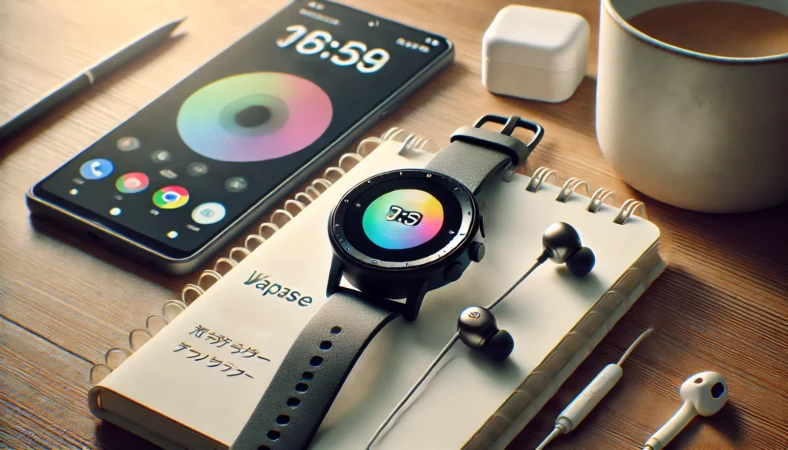 デスク上でAndroidスマホと一緒に置かれた丸型スマートウォッチの総合レビューイメージ