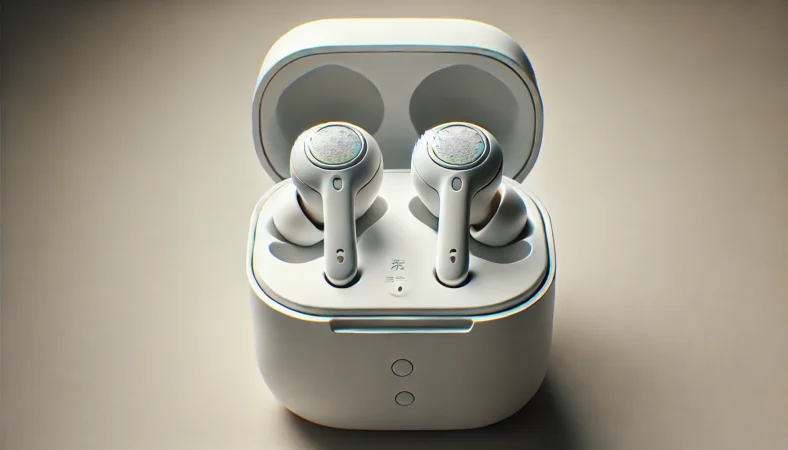 AirPods Proの密着しやすい構造を示すイヤーピース付きワイヤレスイヤホンのイメージ