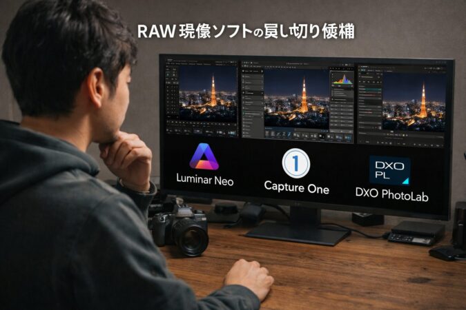 日本人フォトグラファーが複数の買い切りRAW現像ソフト候補を俯瞰して選定している16対9の比較イメージ