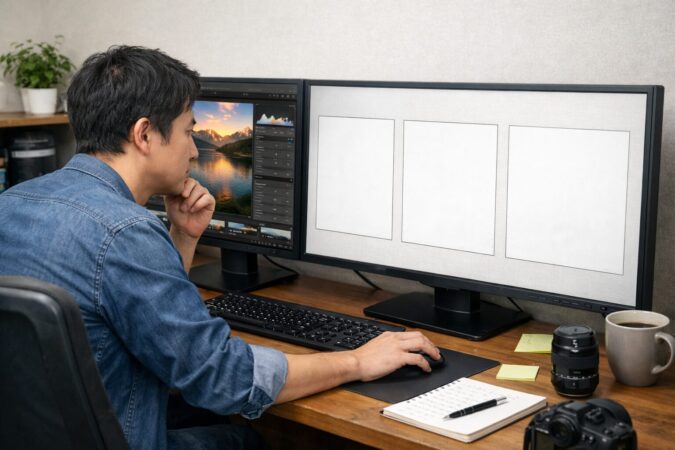 日本人ユーザーがRAW現像ソフトの選定基準を整理しながらパソコン画面で比較検討している16対9のイメージ