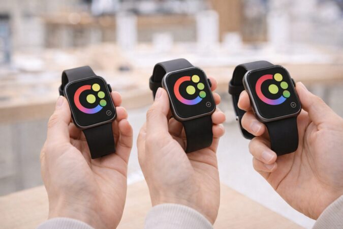 3つのスマートウォッチモデルを手元で見比べてサイズ感や違いを確認するイメージ