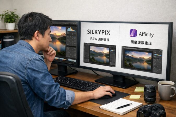 日本人クリエイターがRAW現像重視ソフトと画像編集重視ソフトの違いを並べて比較しているワイド画像