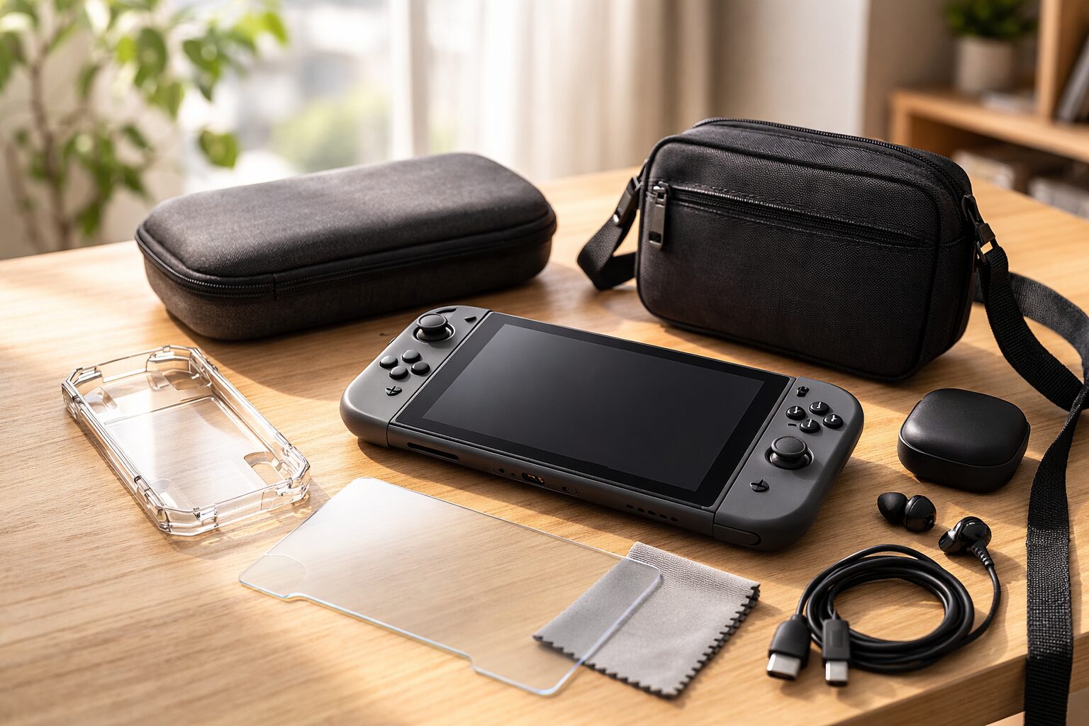 Switch2を携帯運用するためのポーチ・ケース・ガラスフィルムなど保護アクセサリ一式の俯瞰写真