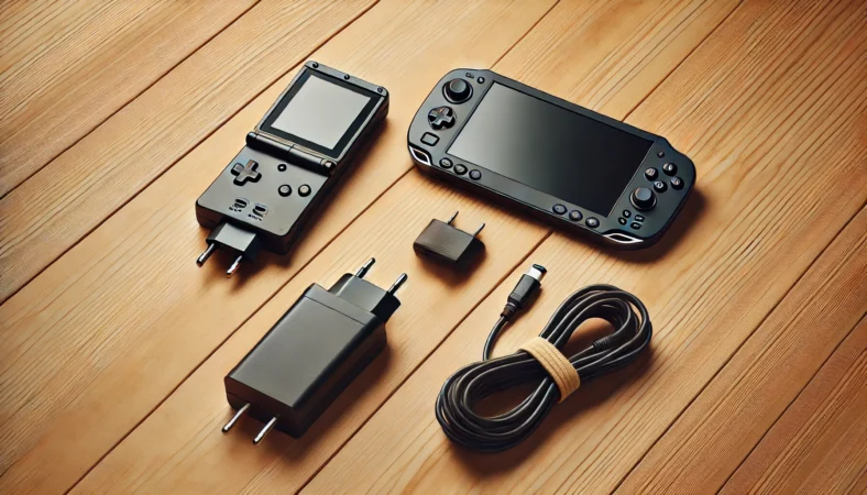 旧機種と新機種のゲーム機、充電器、ケーブルを並べて不足や接続ミスを確認するイメージ