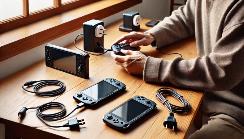 ゲーム機本体とACアダプターの接続状態を確認しながら、正しい電源環境を整える場面